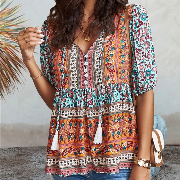 🧡 BOHO BLUE ORANGE MULTI FLORAL LOOSE FIT TOP! - Picture 4 of 8
